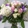 close up of pink, purple and white bouquet