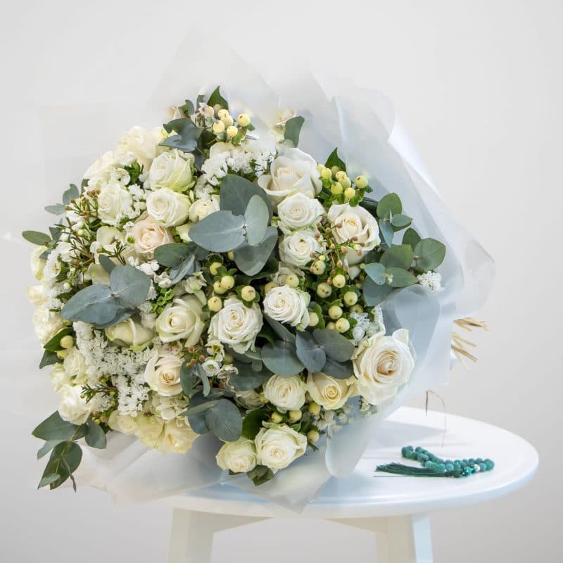 Clara white and green bouquet with prayer beads