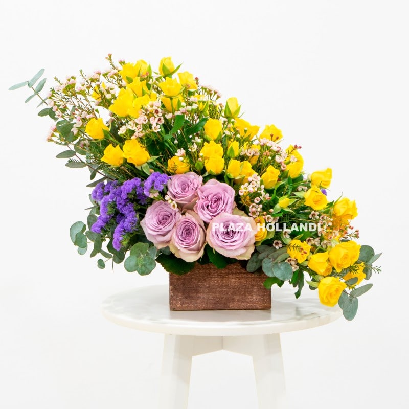1 (2) Yellow and purple flower arrangement