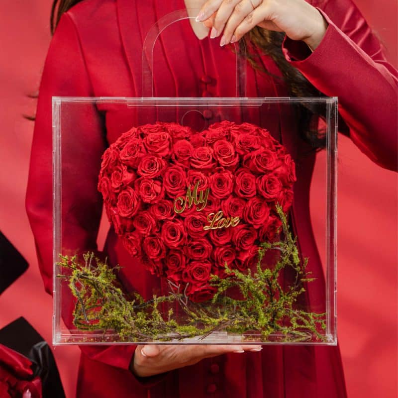 Acrylic Flower Bag (40 cm)-Preserved Roses & "My Love" Tag