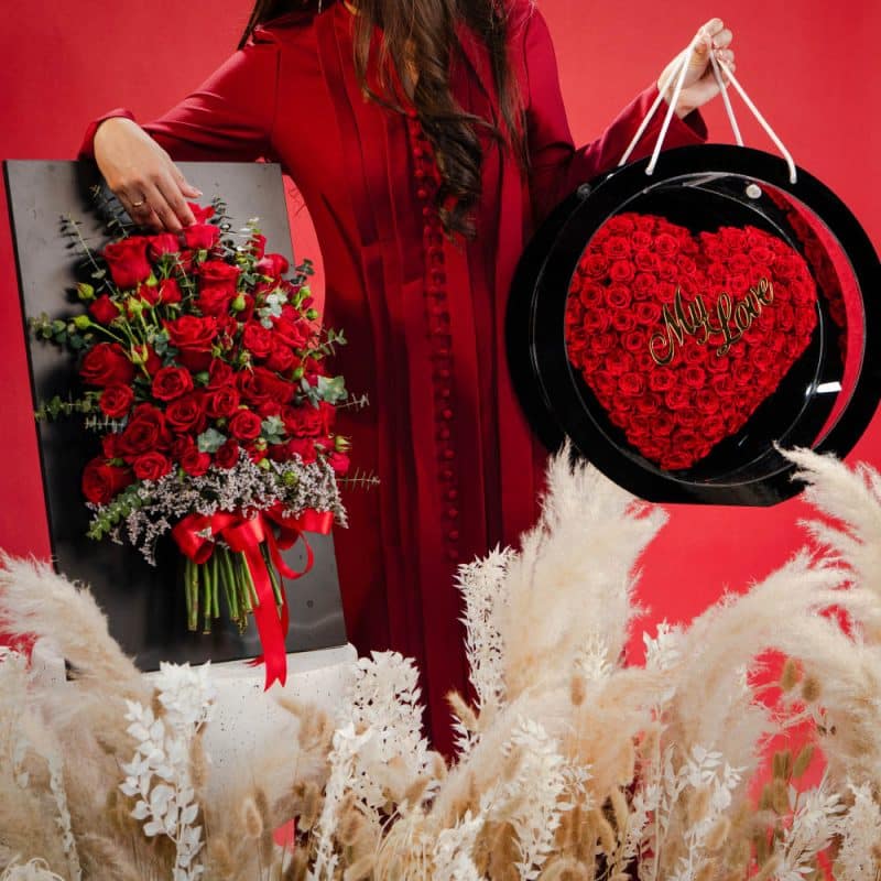 "My Love" Preserved Roses in Black Acrylic Valentine's Bag (45 cm)