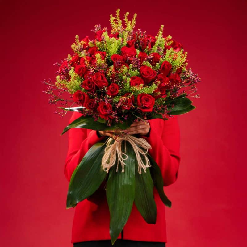 Red Roses, Limonium, Green Bell & Aspidistra With Balloon