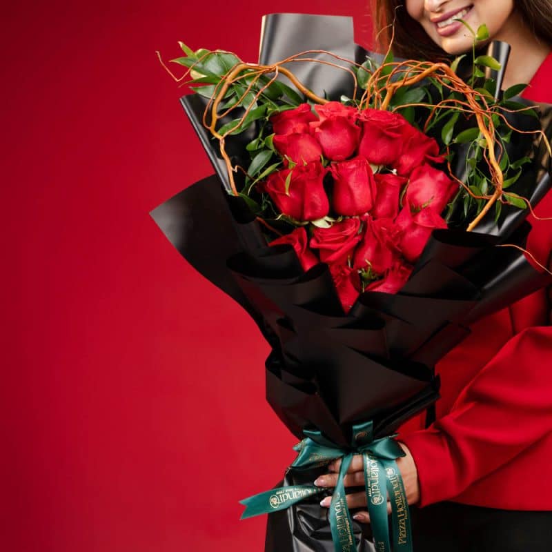 Red Roses with Salix & Italian Ruscus Arrangement