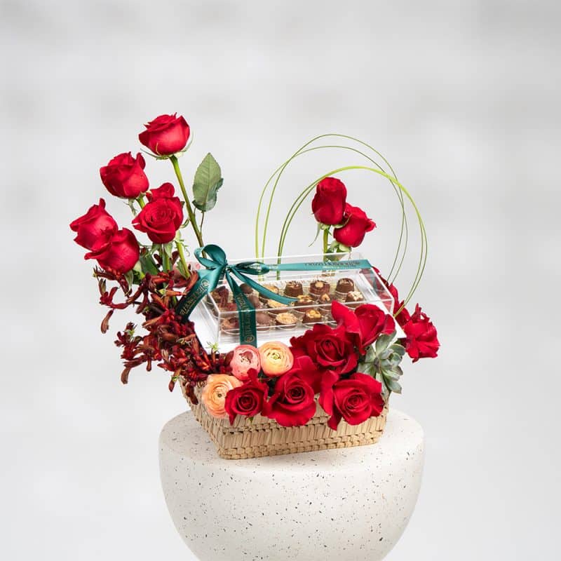 Romantic Basket of Red Roses, Peach Ranunculus & Echeveria with Chocolate