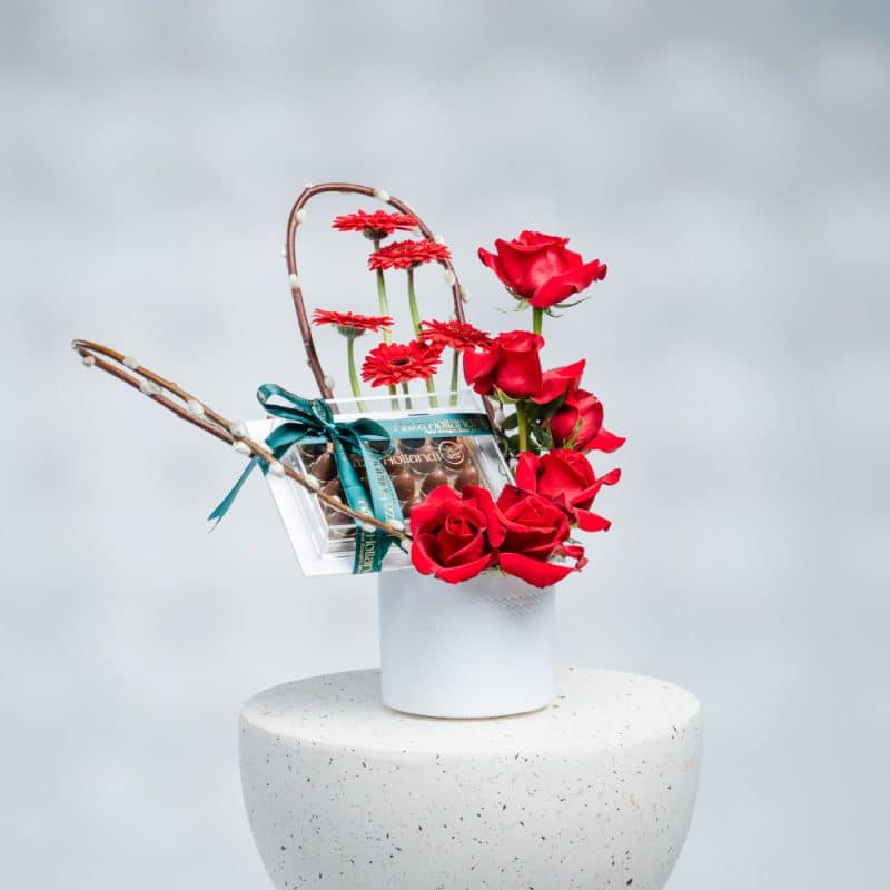 Red Roses, Gerbera, Willow & Chocolate - 42 cm Tall