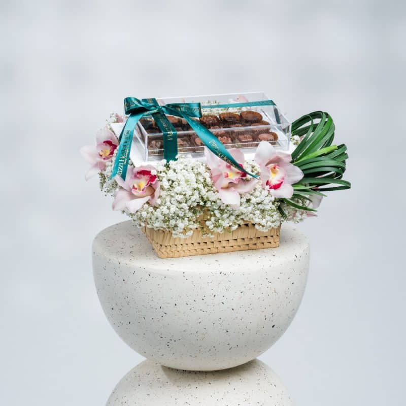 Elegant Gypsophila & Cymbidium Basket with Chocolate