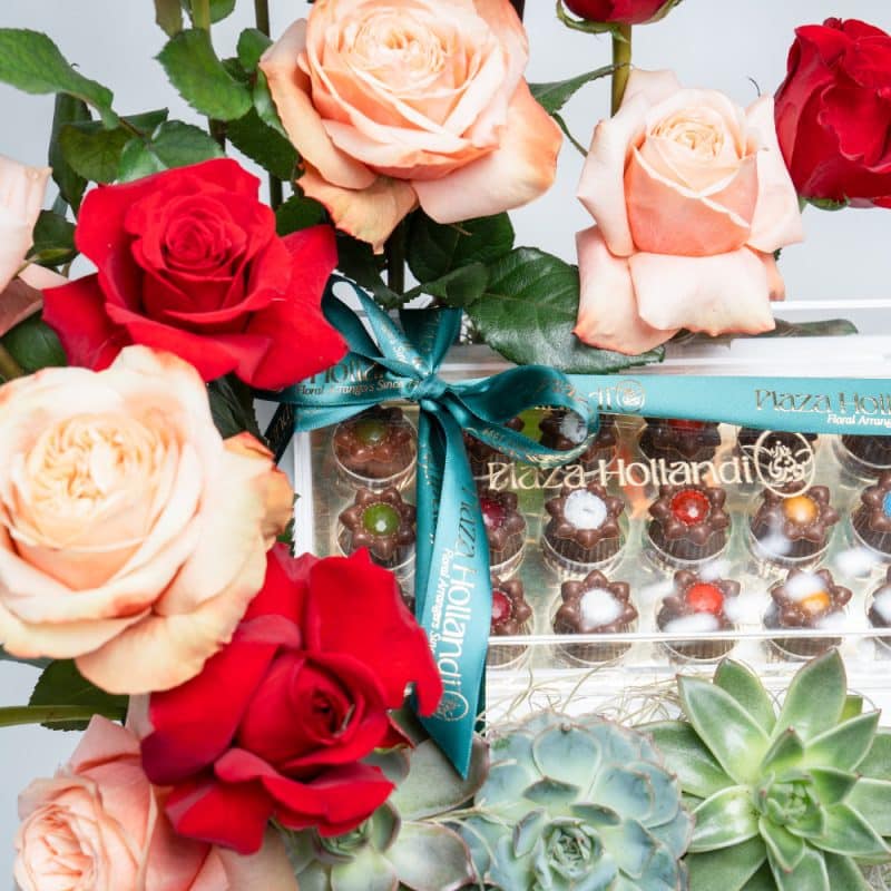 Red & Peach Roses with Echeveria (H 58 cm) and Chocolate
