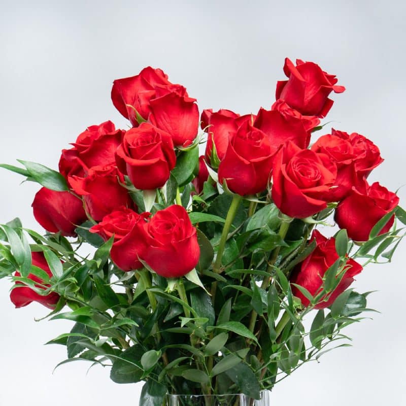 Luxurious Red Roses & Italian Ruscus in Glass Vase (H 45 cm)