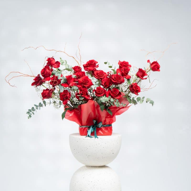 Scarlet Elegance: Red Roses, Gypsophila & Eucalyptus with Salix (H 28 cm)