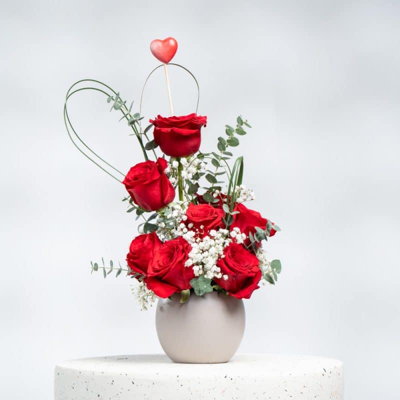 Red Roses, Eucalyptus & Steel Grass in Stylish Pot - 30 cm Height