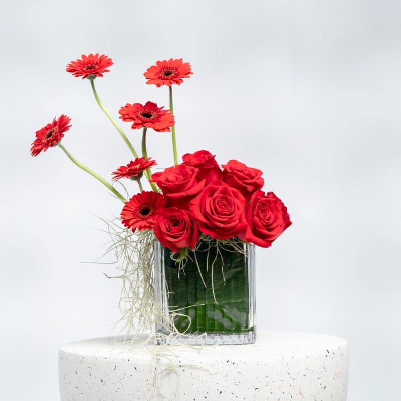 Romantic Red Roses & Gerbera in Glass Vase (35 cm)
