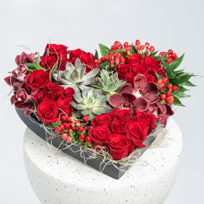 Heart-Shaped Floral Box with Red Roses, Cymbidium & Echeveria