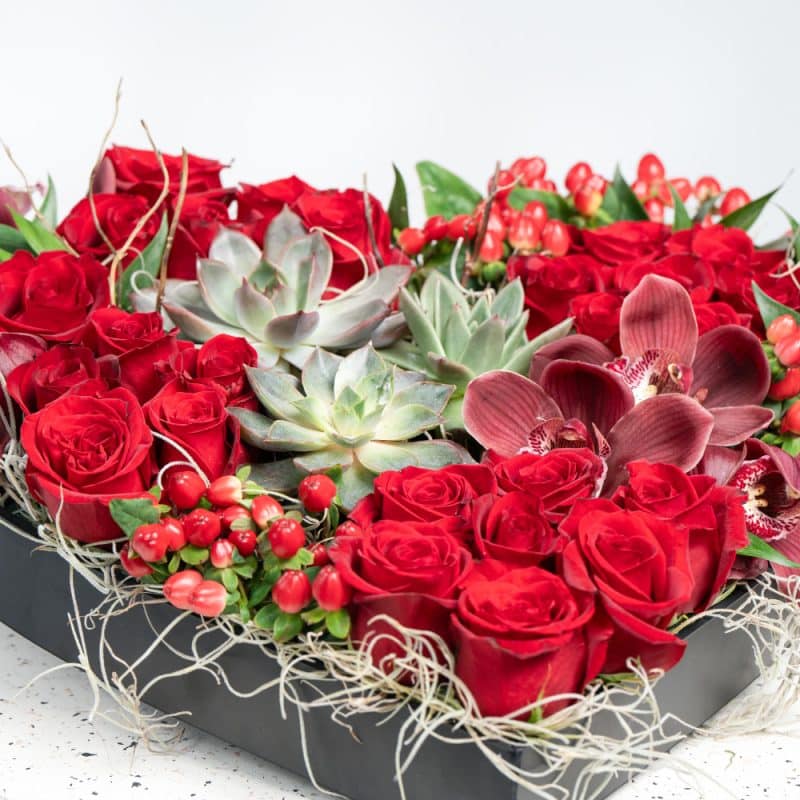 Heart-Shaped Floral Box with Red Roses, Cymbidium & Echeveria