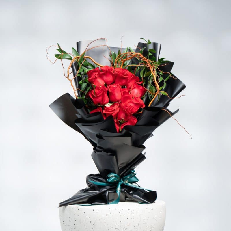Red Roses with Salix & Italian Ruscus Arrangement