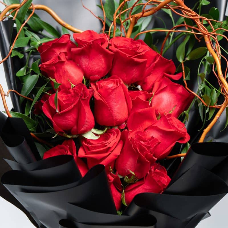Red Roses with Salix & Italian Ruscus Arrangement