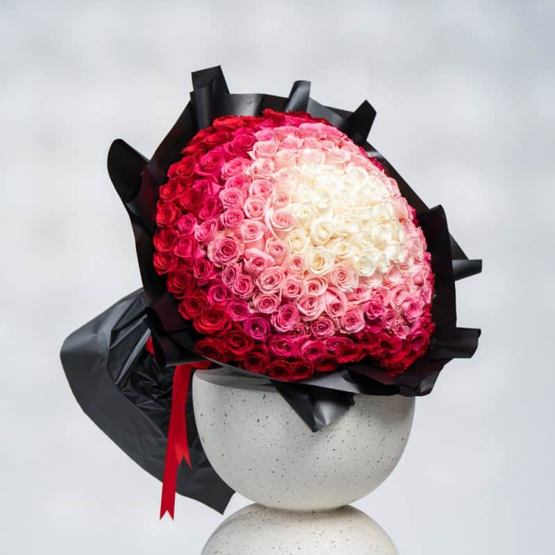 Elegant Roses Bouquet: White, Light & Sweet Pink, Dark Fuchsia and Red