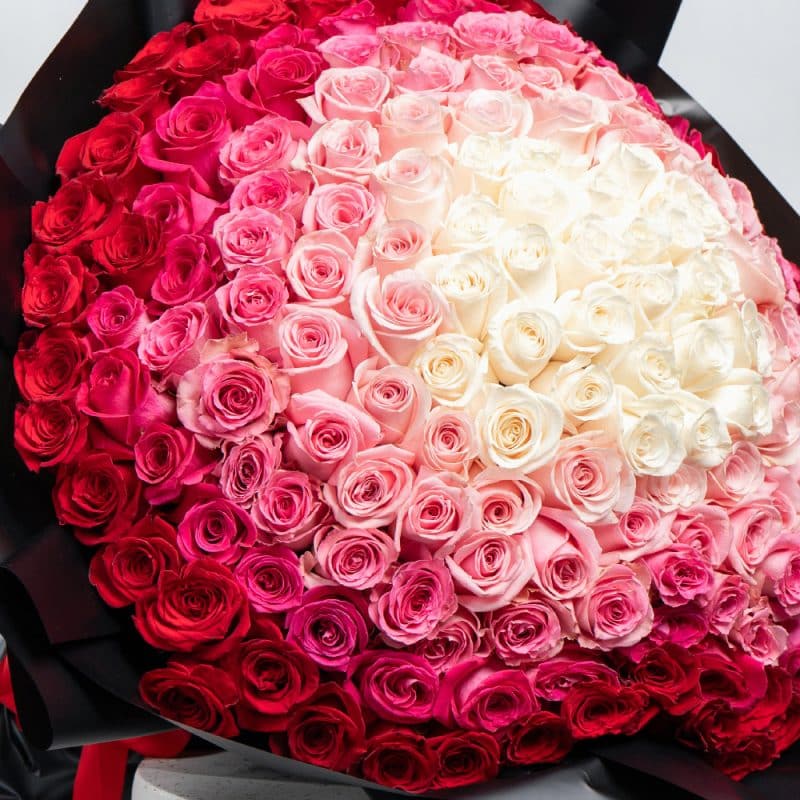 Elegant Roses Bouquet: White, Light & Sweet Pink, Dark Fuchsia and Red