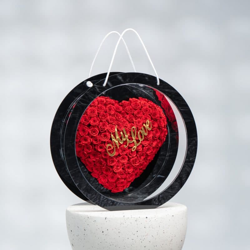 "My Love" Preserved Roses in Black Acrylic Valentine's Bag (45 cm)