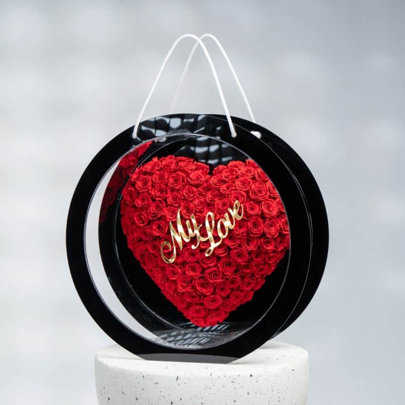 "My Love" Preserved Roses in Black Acrylic Valentine's Bag (45 cm)