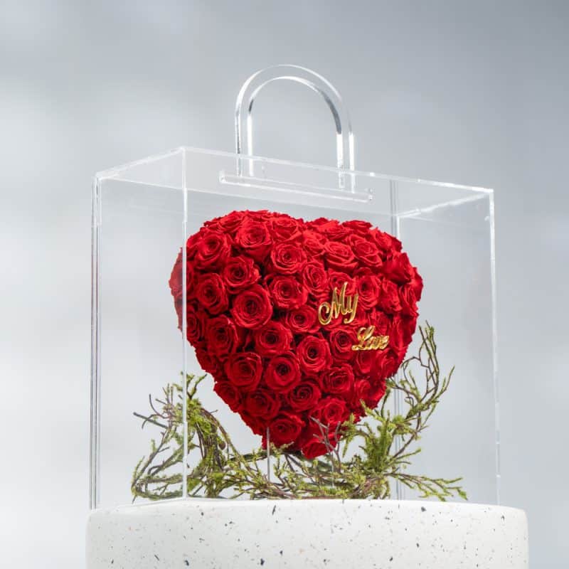 Acrylic Flower Bag (40 cm)-Preserved Roses & "My Love" Tag