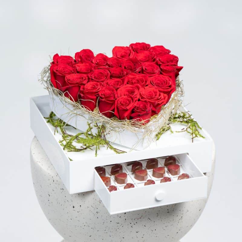 Elegant White Base Acrylic Box with Roses & Chocolate Drawer