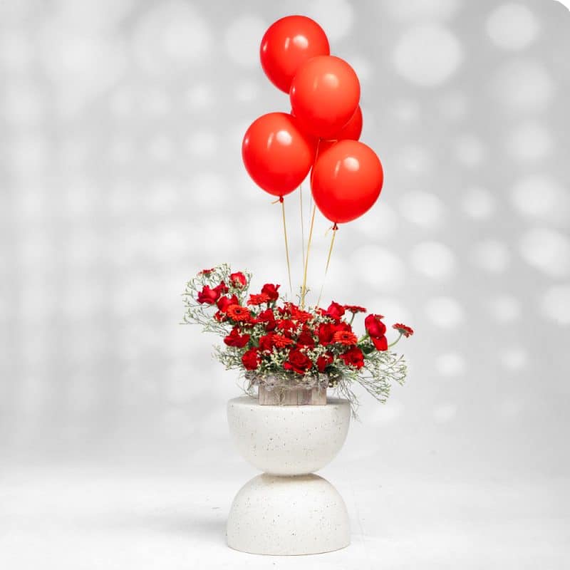 Romantic Wood Box: Red Gerbera & Roses, Limonium & Balloon