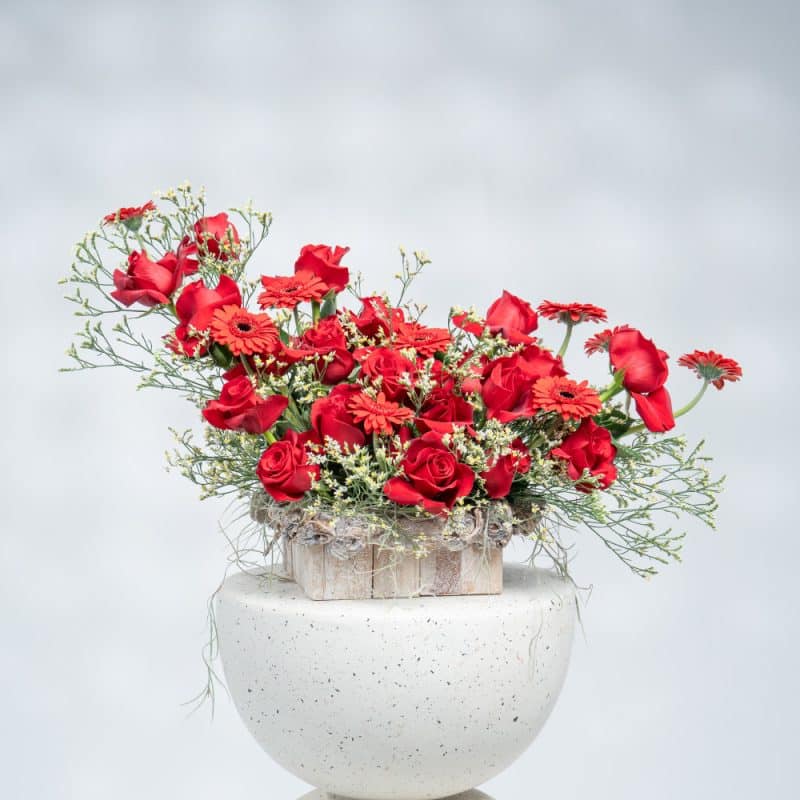 Woodland Romance: Red Gerbera, Red Roses & White Limonium