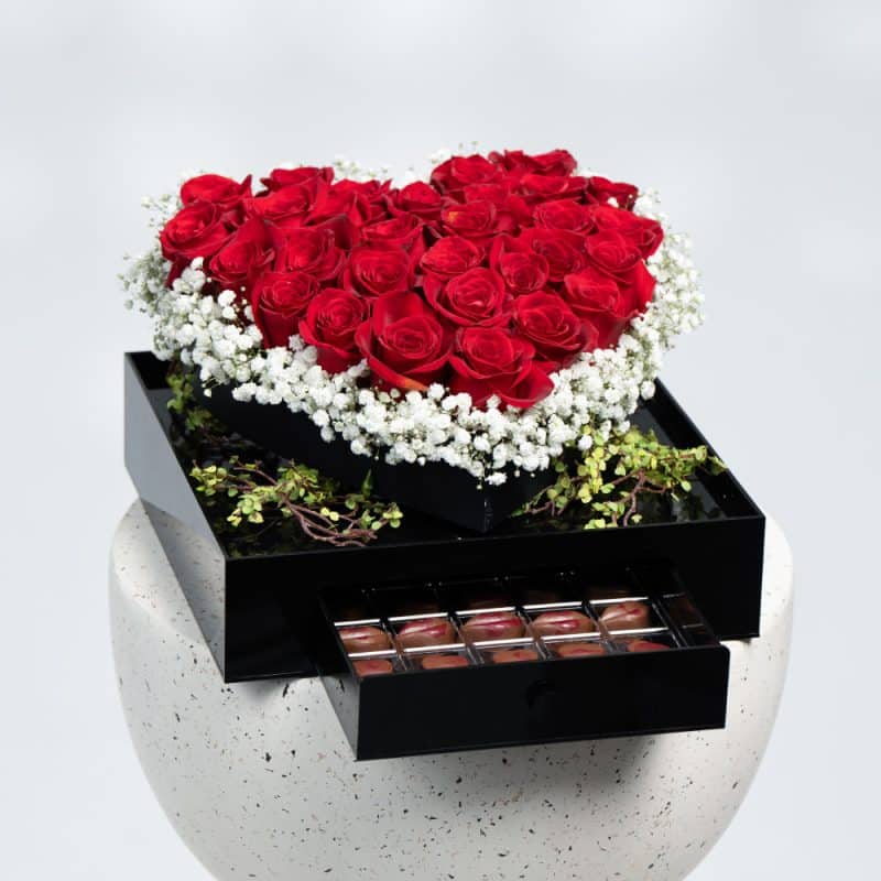 Red Roses & Gypsophila in Acrylic Box with Chocolate Drawer - Image 2