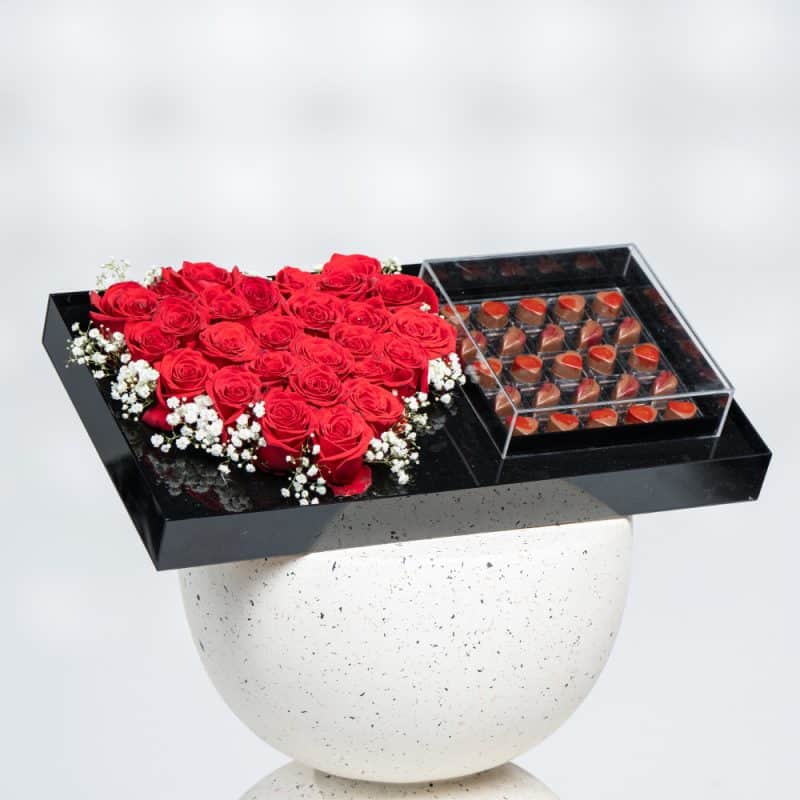 Valentine's Acrylic Box with Heart Red Roses & Chocolates