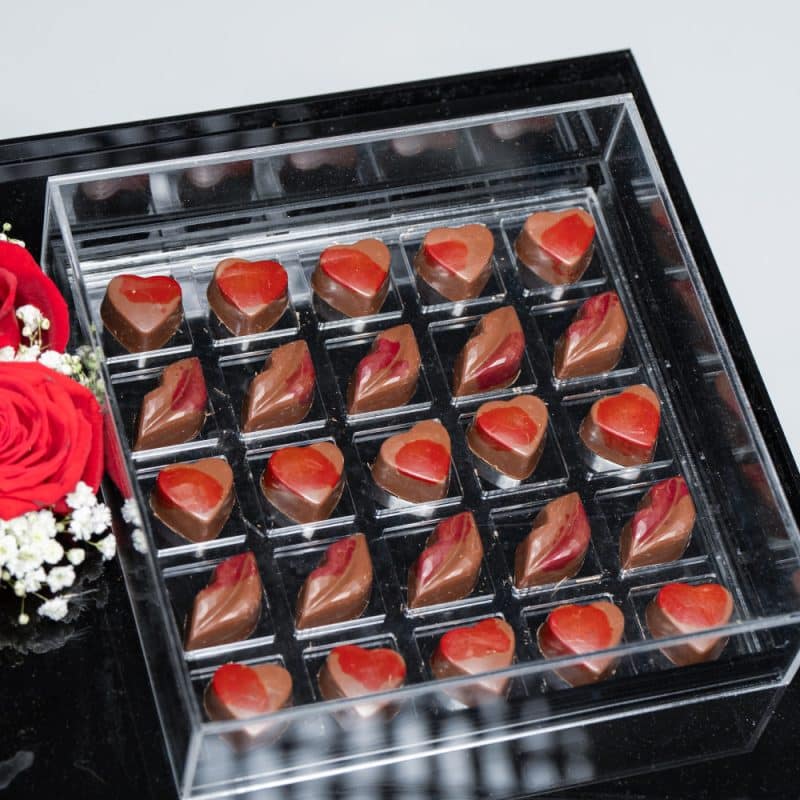 Valentine's Acrylic Box with Heart Red Roses & Chocolates