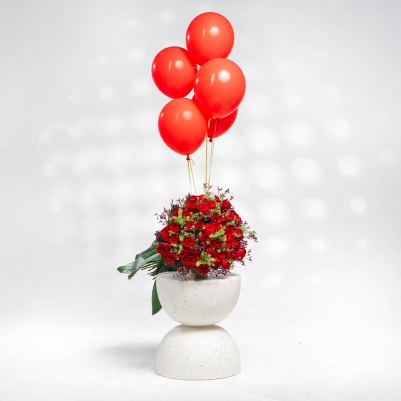 Red Roses, Limonium, Green Bell & Aspidistra With Balloon