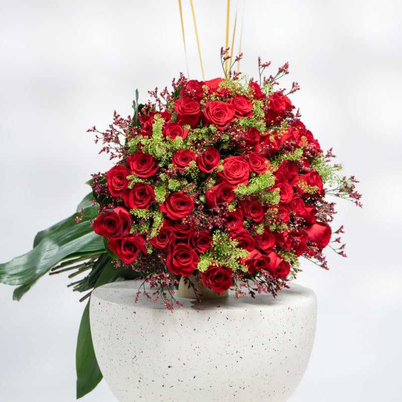 Red Roses, Limonium, Green Bell & Aspidistra With Balloon