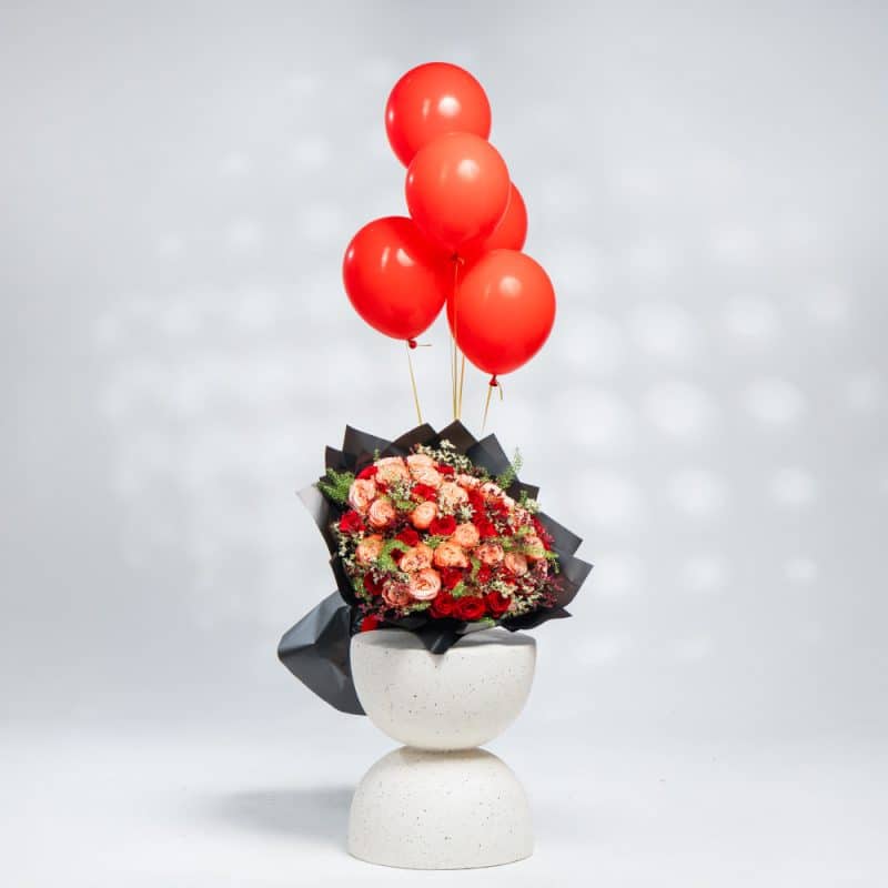 Love & Light: Orange & Red Roses with Limonium & Floating Balloon