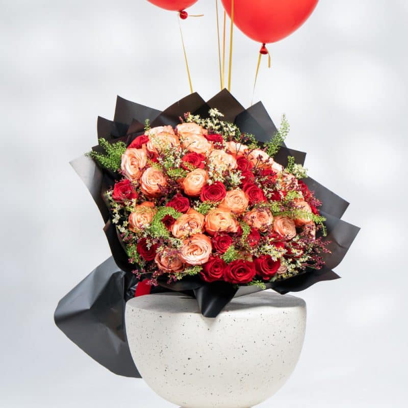 Love & Light: Orange & Red Roses with Limonium & Floating Balloon