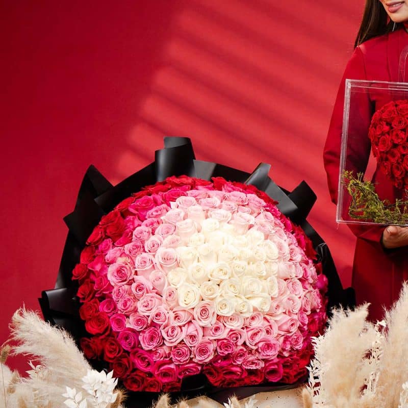 Elegant Roses Bouquet: White, Light & Sweet Pink, Dark Fuchsia and Red