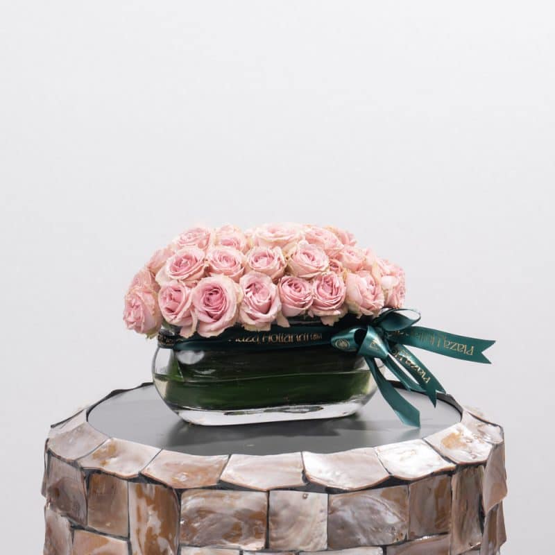 Light Purple Spray Roses in Rectangle Glass Bowl Vase - 14 cm