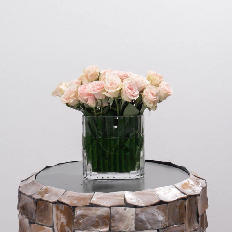 Peach Spray Roses in Rectangular Glass Vase - 14 cm