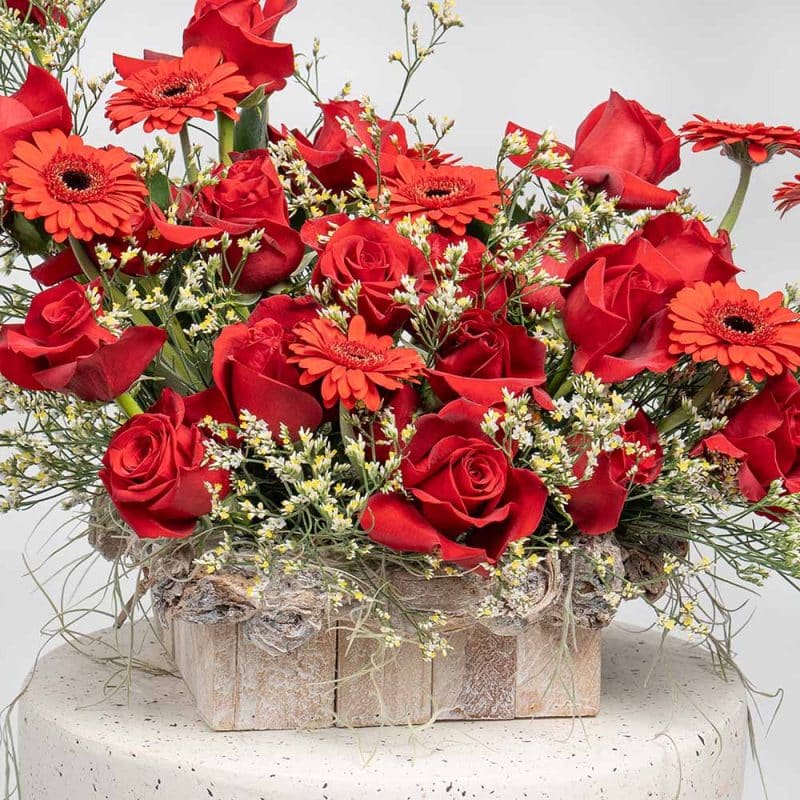 Woodland Romance: Red Gerbera, Red Roses & White Limonium