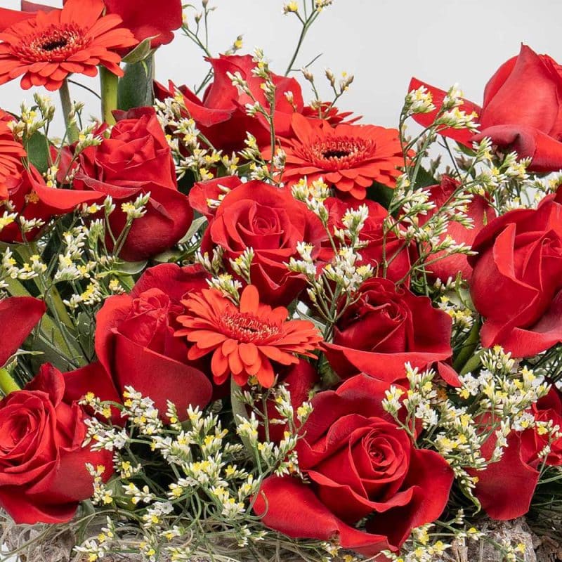 Woodland Romance: Red Gerbera, Red Roses & White Limonium