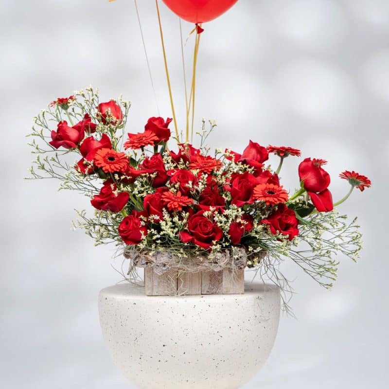 Romantic Wood Box: Red Gerbera & Roses, Limonium & Balloon