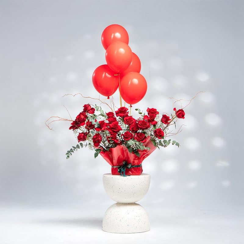 Luxurious Red Roses, Gypsophila with Balloons