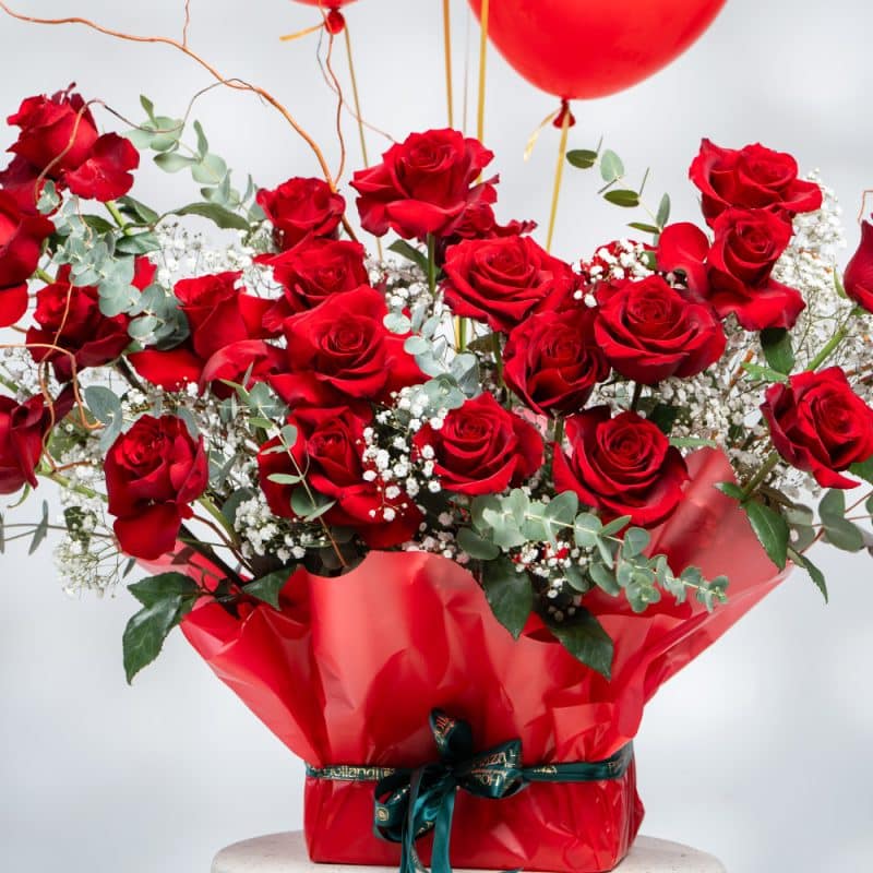 Luxurious Red Roses, Gypsophila with Balloons
