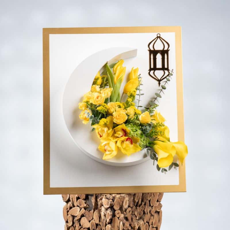 Radiant Sunrise: Yellow Cymbidium & Callas in Wooden Moon
