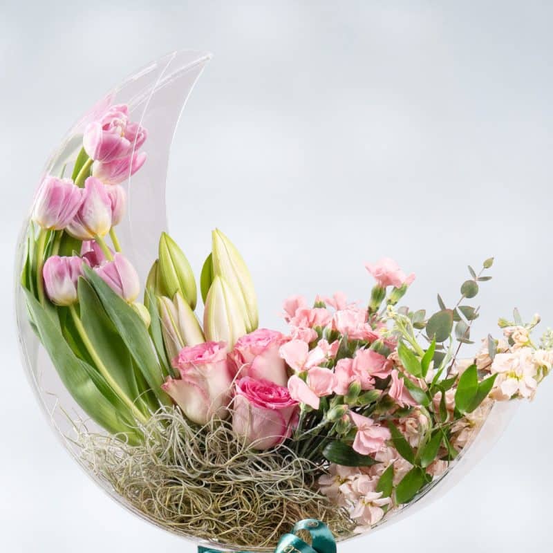 Moonlit Bloom: Pink Tulips, Roses & Lilies Elegance in Acrylic Moon