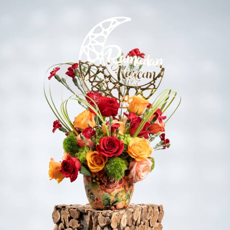 Passion & Harmony: Red, Peach & Orange Roses in 60CM Pot