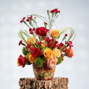Red Roses, Red Carnation, Green Carnation, Orange Roses & Peach Roses in Pattern Designer Pot – 60cm