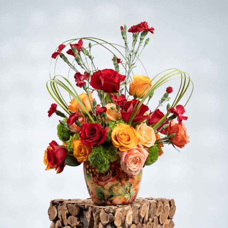 Red Roses, Red Carnation, Green Carnation, Orange Roses & Peach Roses in Pattern Designer Pot – 60cm