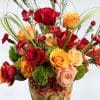 Red Roses, Red Carnation, Green Carnation, Orange Roses & Peach Roses in Pattern Designer Pot – 60cm