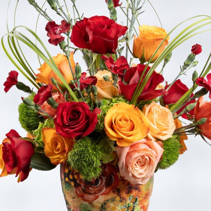 Red Roses, Red Carnation, Green Carnation, Orange Roses & Peach Roses in Pattern Designer Pot – 60cm