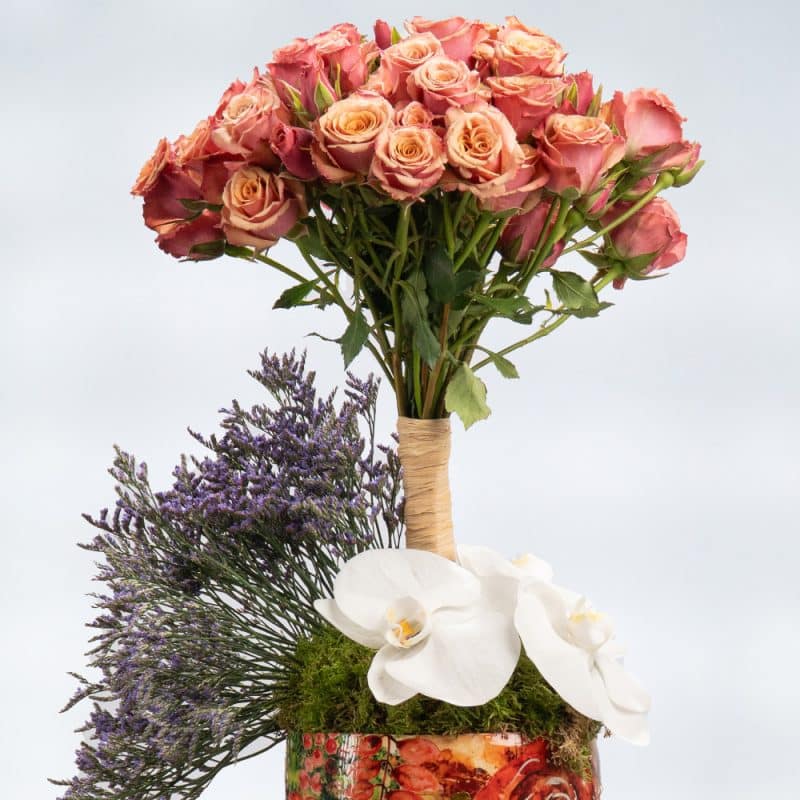 Limonium & White Cymbidium in Metal Pot – 50cm
